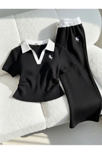 Polo Yaka Nakışlı Büzgülü Takım